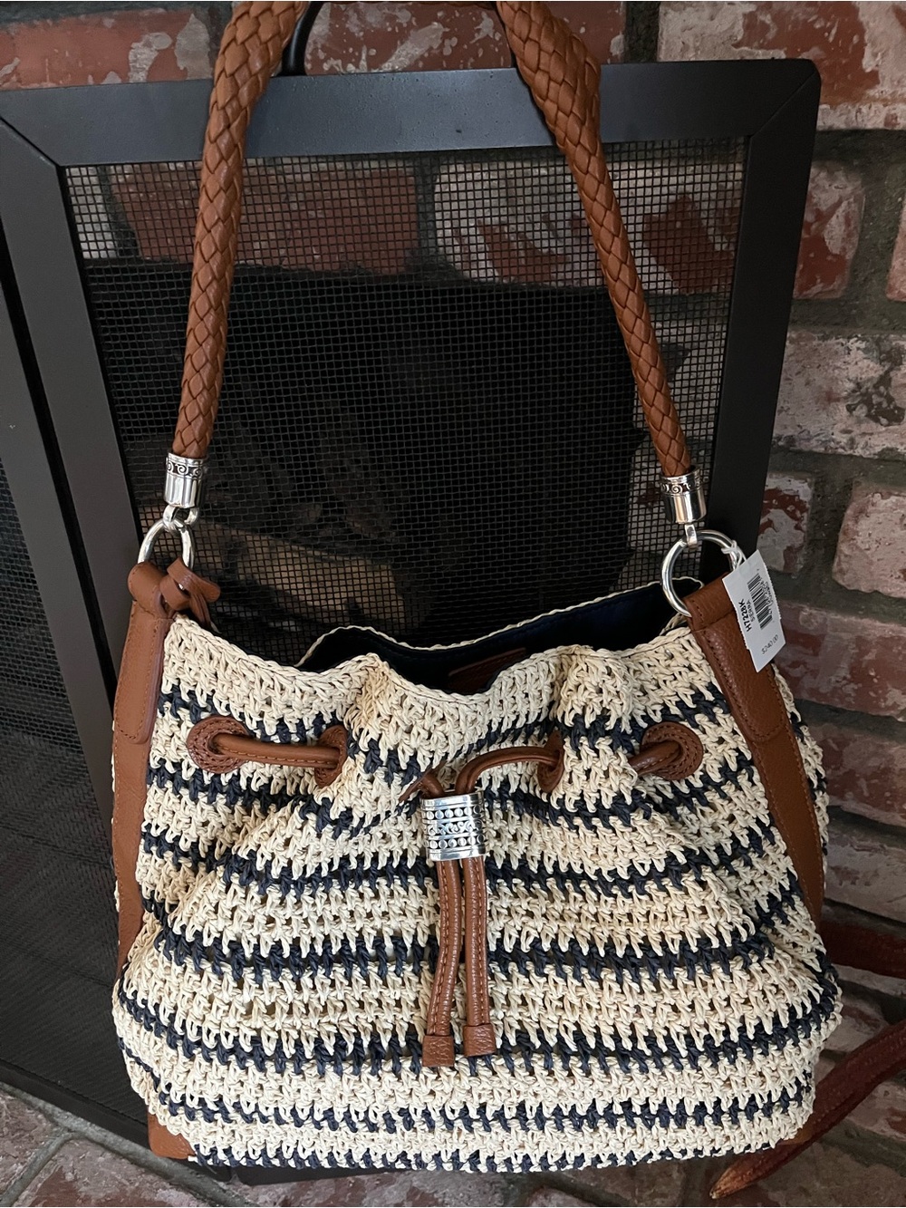 NWT Brighton Blue Stripe Raffia and Brown Leather Hobo Bag
